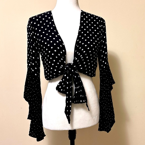 Seven Wonders Black White Spots Crop Top w Tie Wide Bell Sleeves Shirt Blouse 6 - Picture 16 of 16